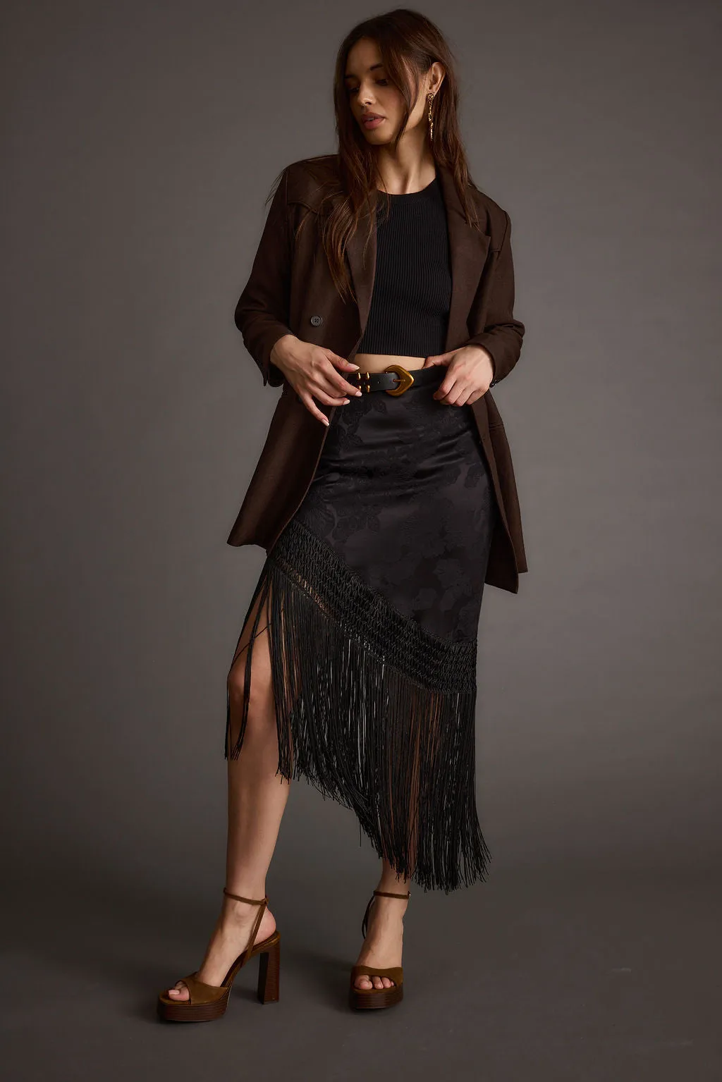 Frankie Black Satin Jacquard Fringe Midi Skirt sold by 12th Tribe