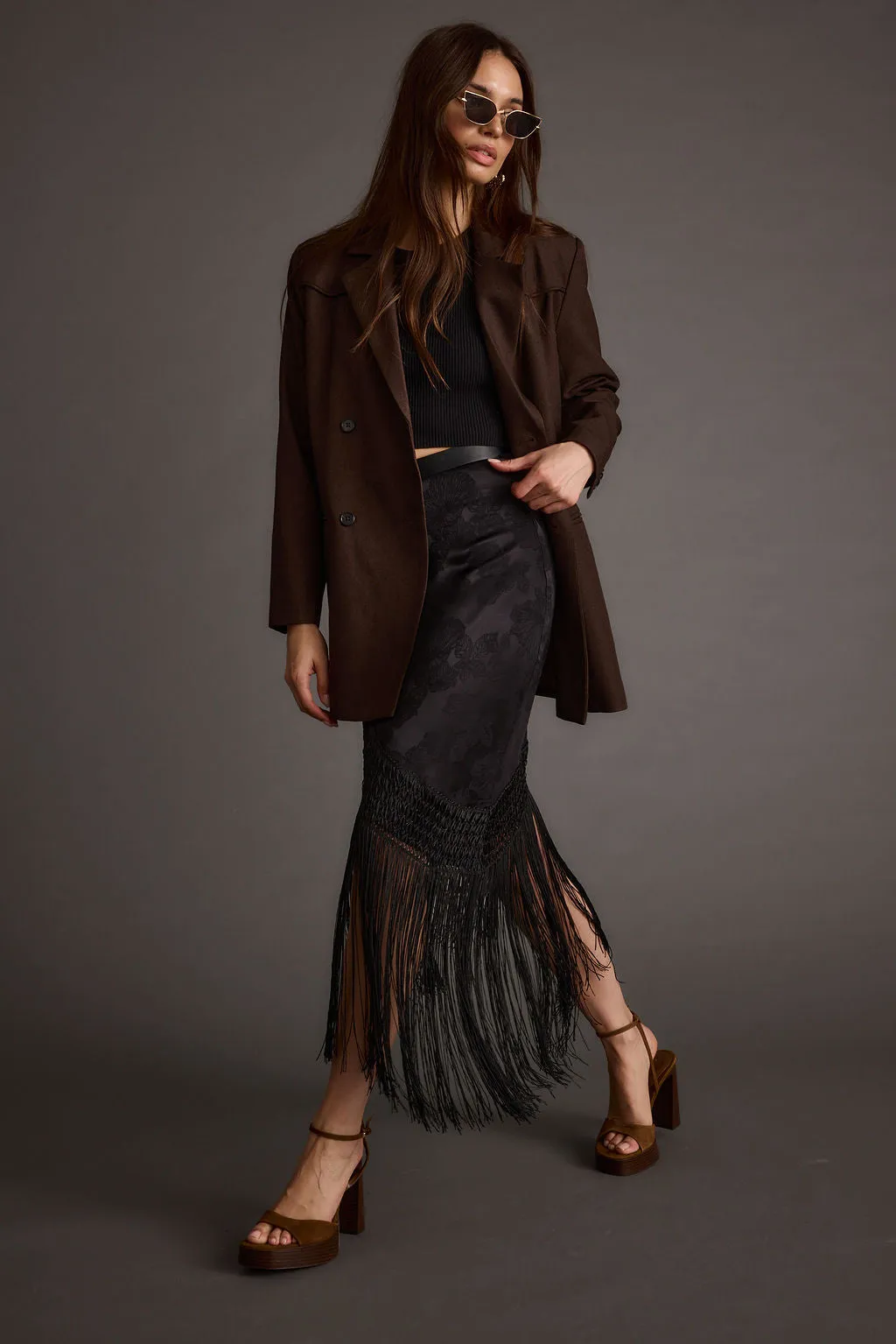 Frankie Black Satin Jacquard Fringe Midi Skirt sold by 12th Tribe product image thumbnail 4