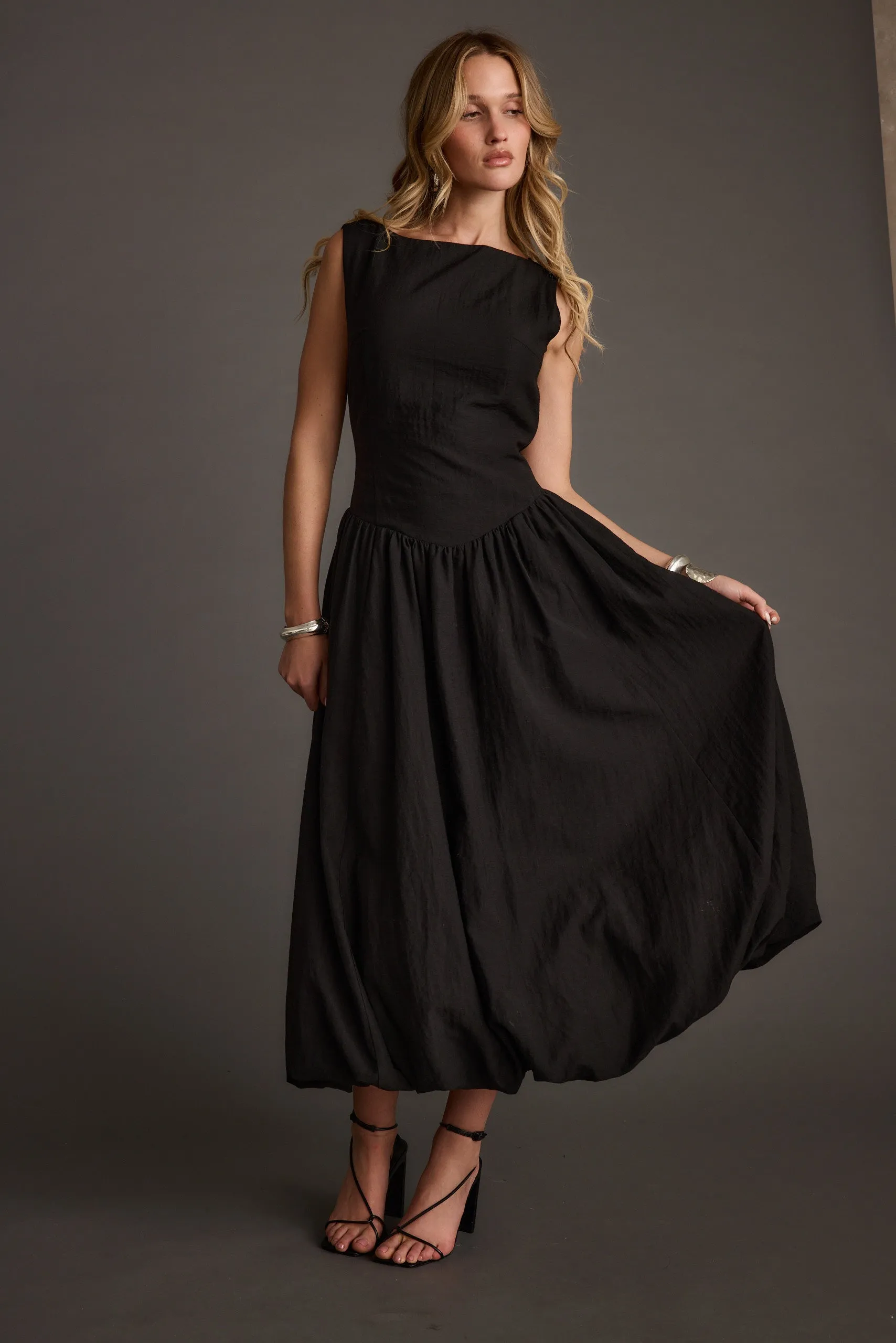 Kate Black Drop Waist Bubble Hem Midi Dress sold by 12th Tribe product image thumbnail 4