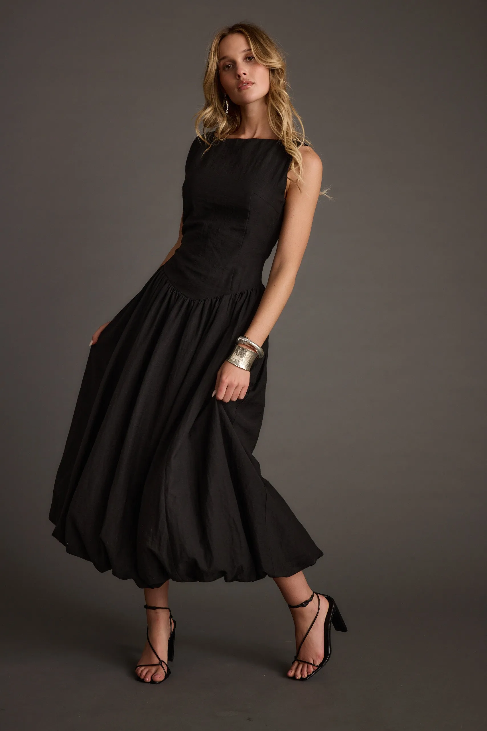 Kate Black Drop Waist Bubble Hem Midi Dress sold by 12th Tribe product image thumbnail 2