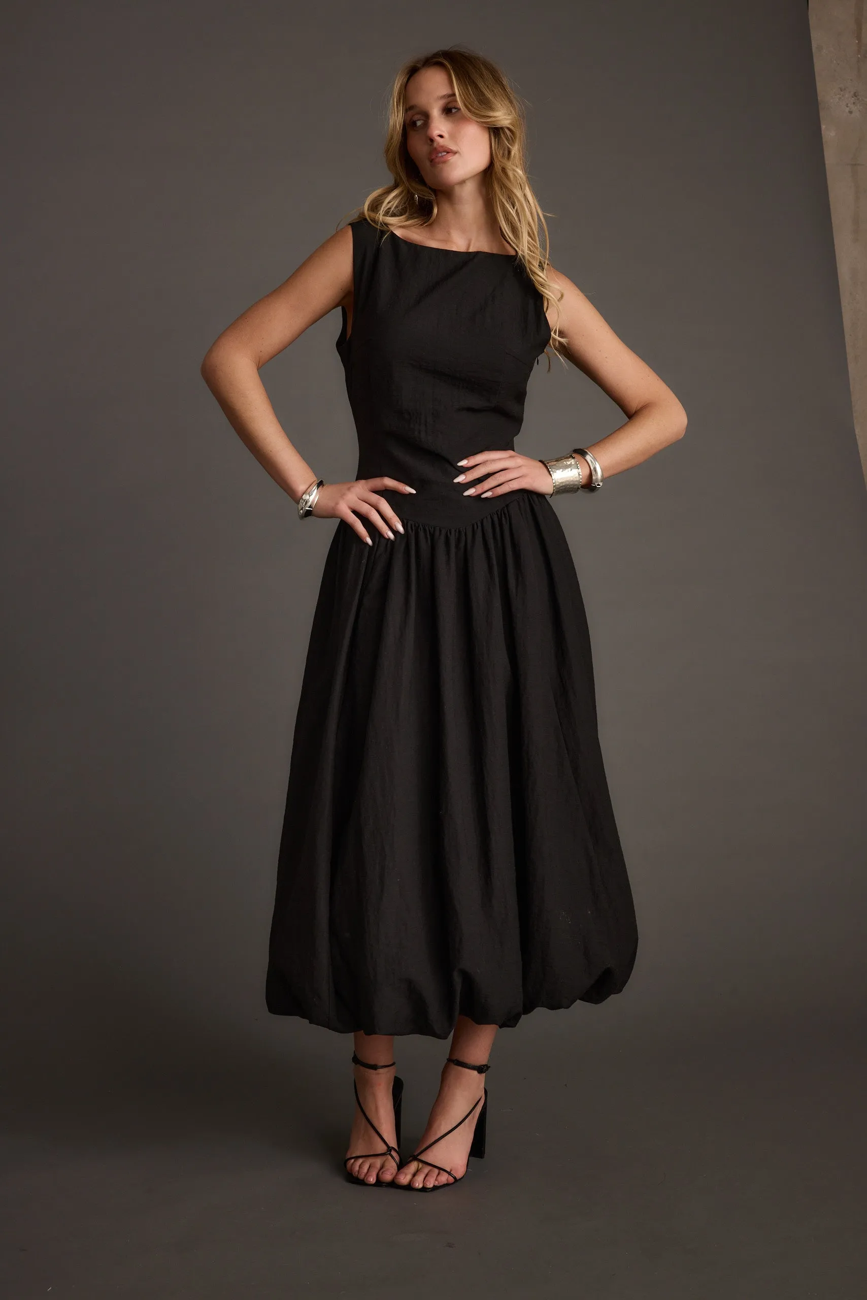 Kate Black Drop Waist Bubble Hem Midi Dress sold by 12th Tribe product image thumbnail 5