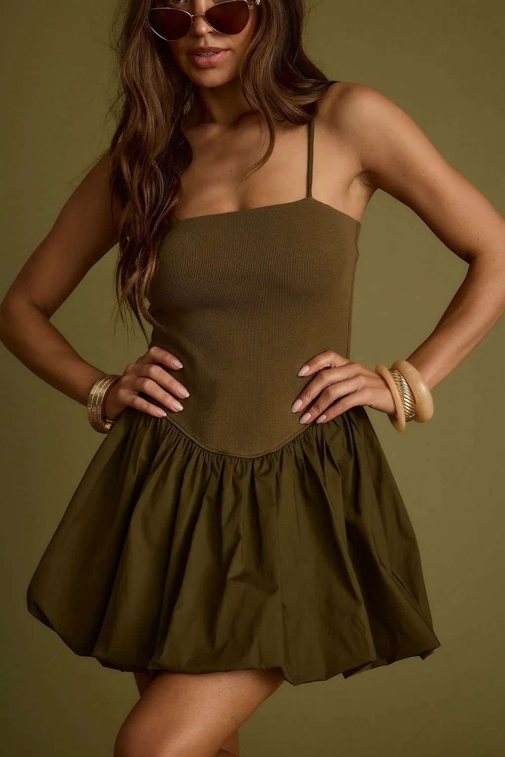 Eternal Olive Bubble Hem Mini Dress sold by 12th Tribe product image thumbnail 2