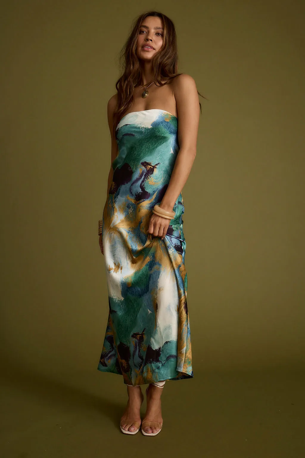 Natalia Blue and Gold Watercolor Strapless Maxi Dress sold by 12th Tribe product image thumbnail 4