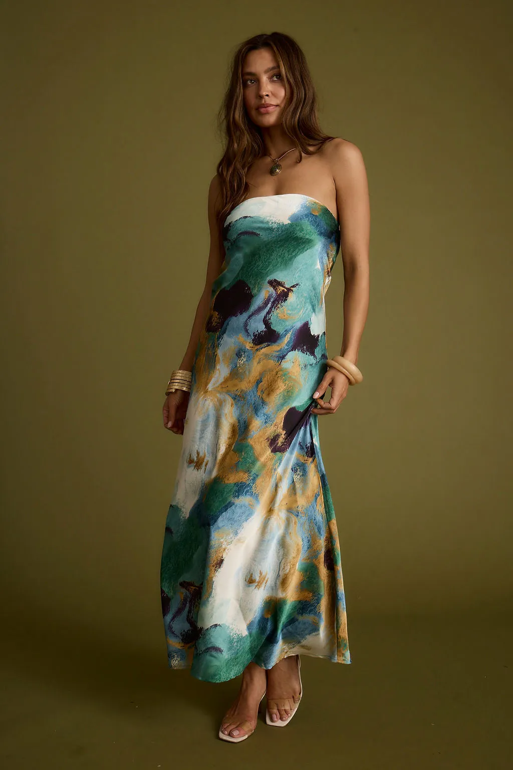 Natalia Blue and Gold Watercolor Strapless Maxi Dress sold by 12th Tribe product image thumbnail 5