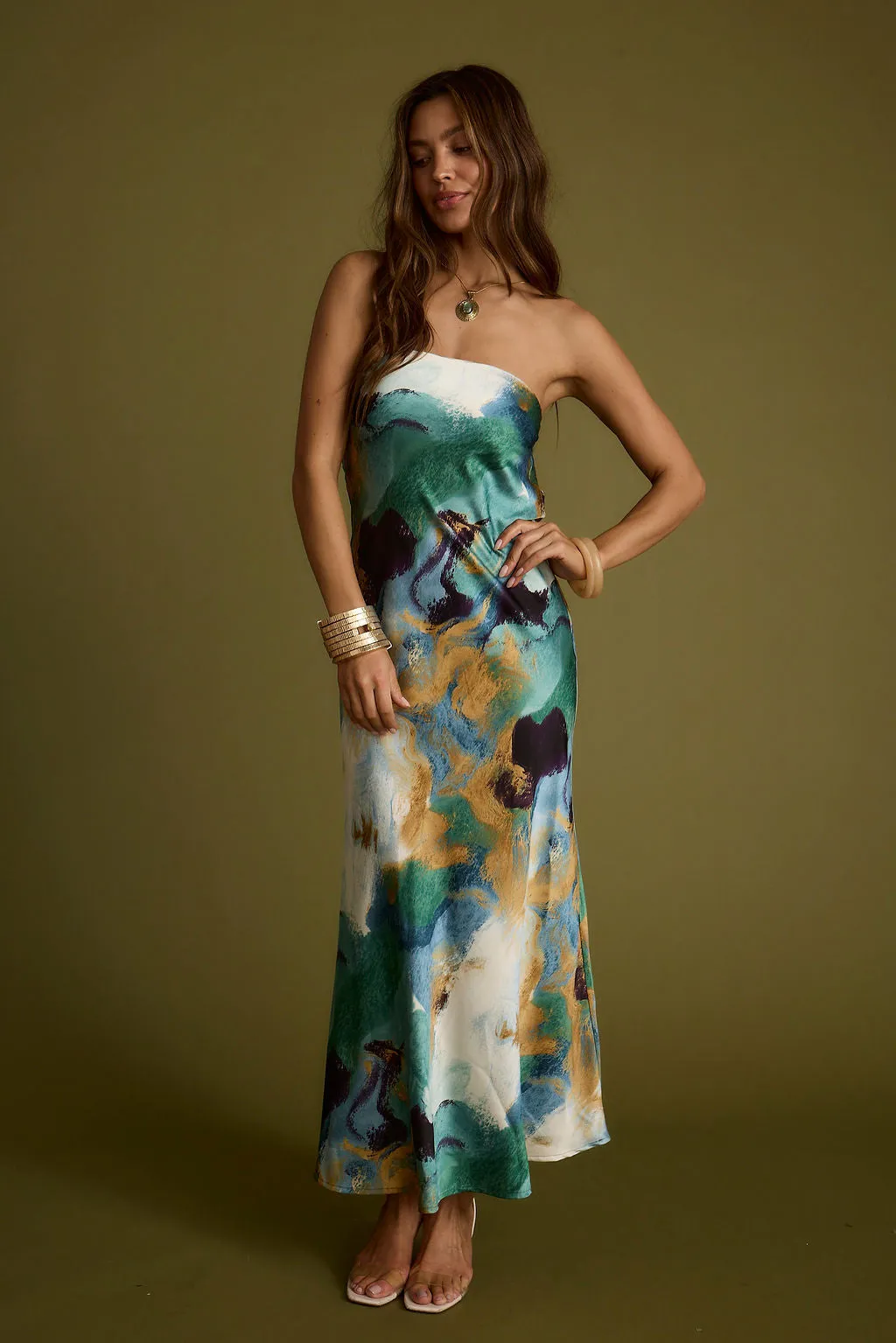 Natalia Blue and Gold Watercolor Strapless Maxi Dress sold by 12th Tribe