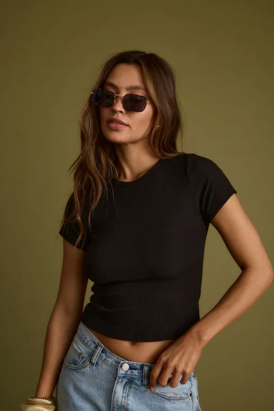 Abby Black Ribbed Crew Neck Tee sold by 12th Tribe