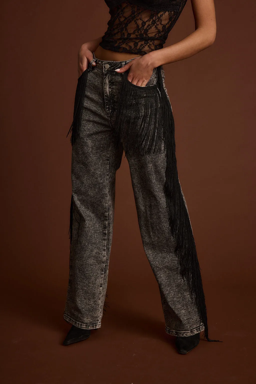 Colt Washed Black Fringe Denim Pants sold by 12th Tribe product image thumbnail 4