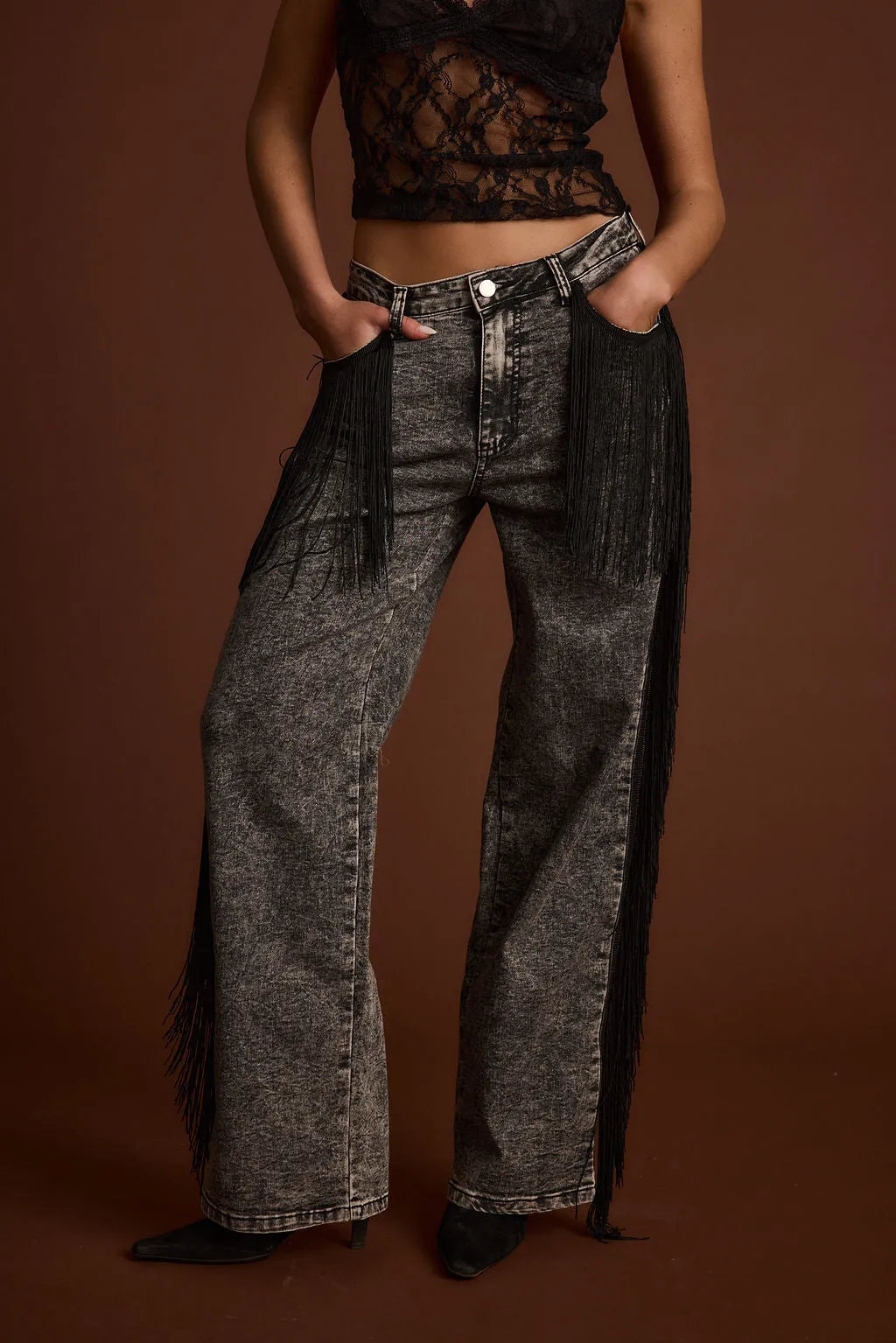 Colt Washed Black Fringe Denim Pants sold by 12th Tribe