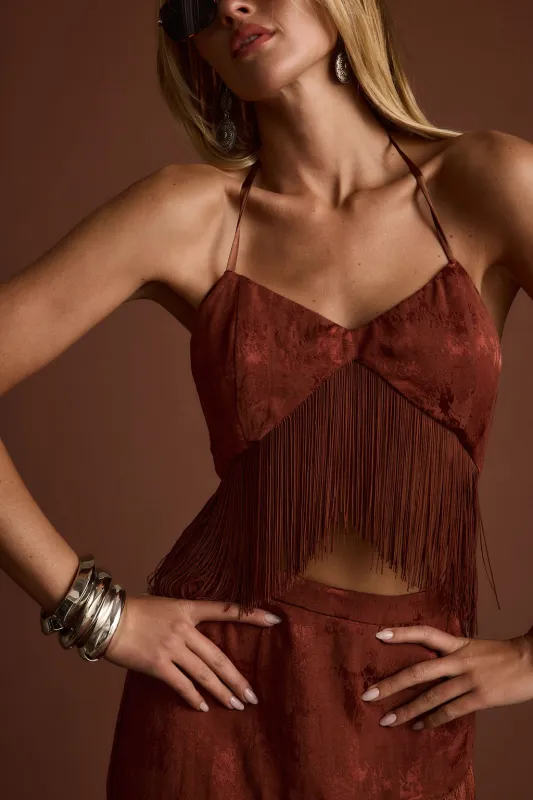 Tamsin Terracotta Jacquard Fringe Crop Top made by 12th Tribe