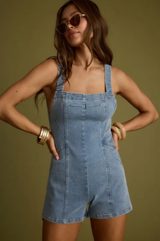 Winona Light Wash Denim Romper sold by 12th Tribe