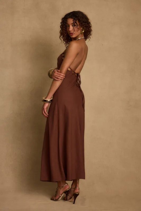 Laura Mocha Linen Maxi Dress sold by 12th Tribe