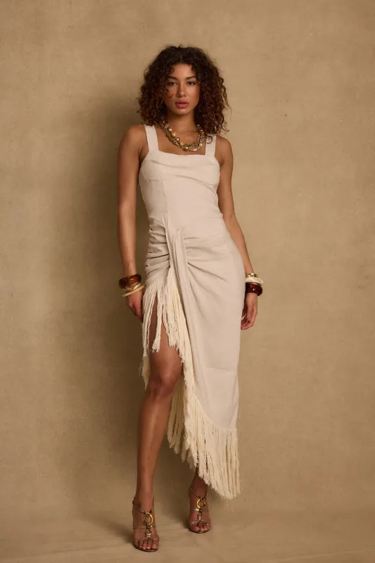 Serenade Beige Linen Wrap Midi Dress sold by 12th Tribe