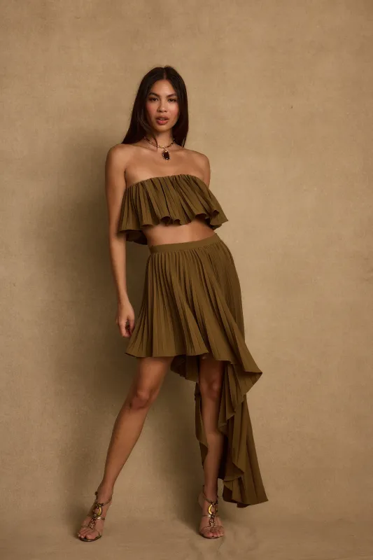 Lima Olive Asymmetrical Midi Skirt sold by 12th Tribe