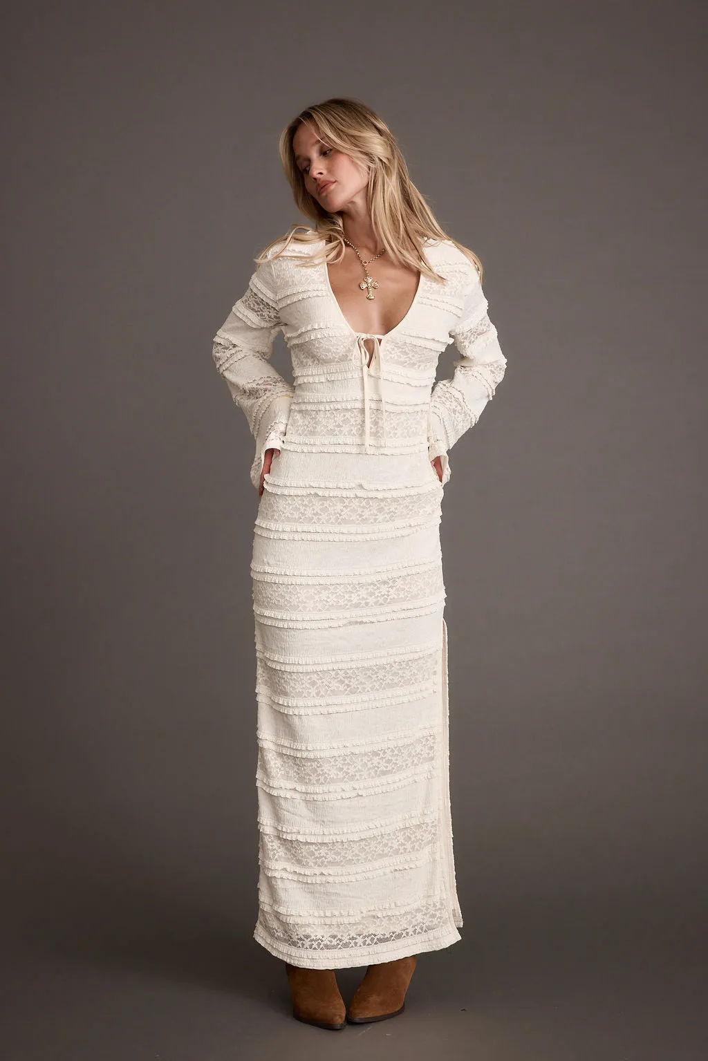 Melrose Ivory Long Sleeve Lace Maxi Dress sold by 12th Tribe product image thumbnail 4