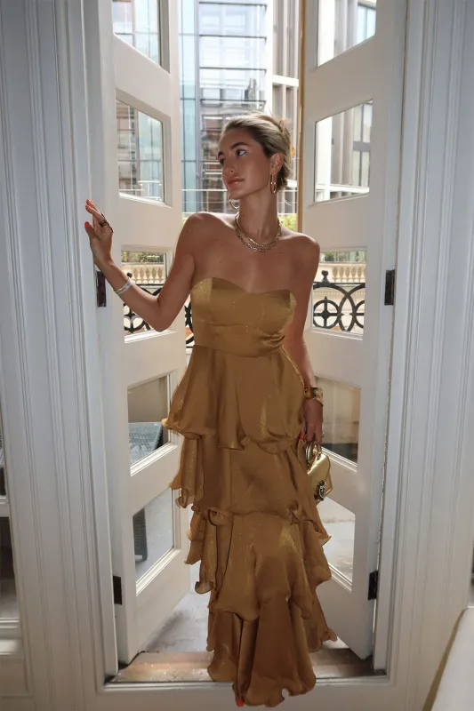 Selene Gold Ruffle Maxi Dress sold by 12th Tribe