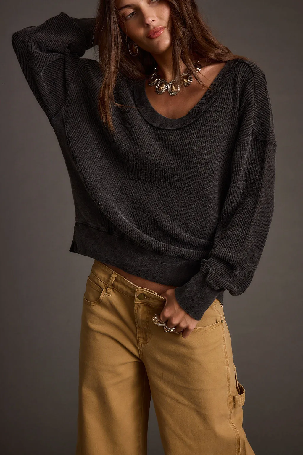 Not Your Ex's Washed Black Waffle Knit Top sold by 12th Tribe