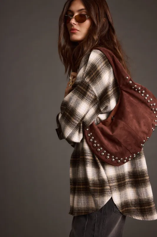 Emery Mocha Studded Faux Suede Bag sold by 12th Tribe