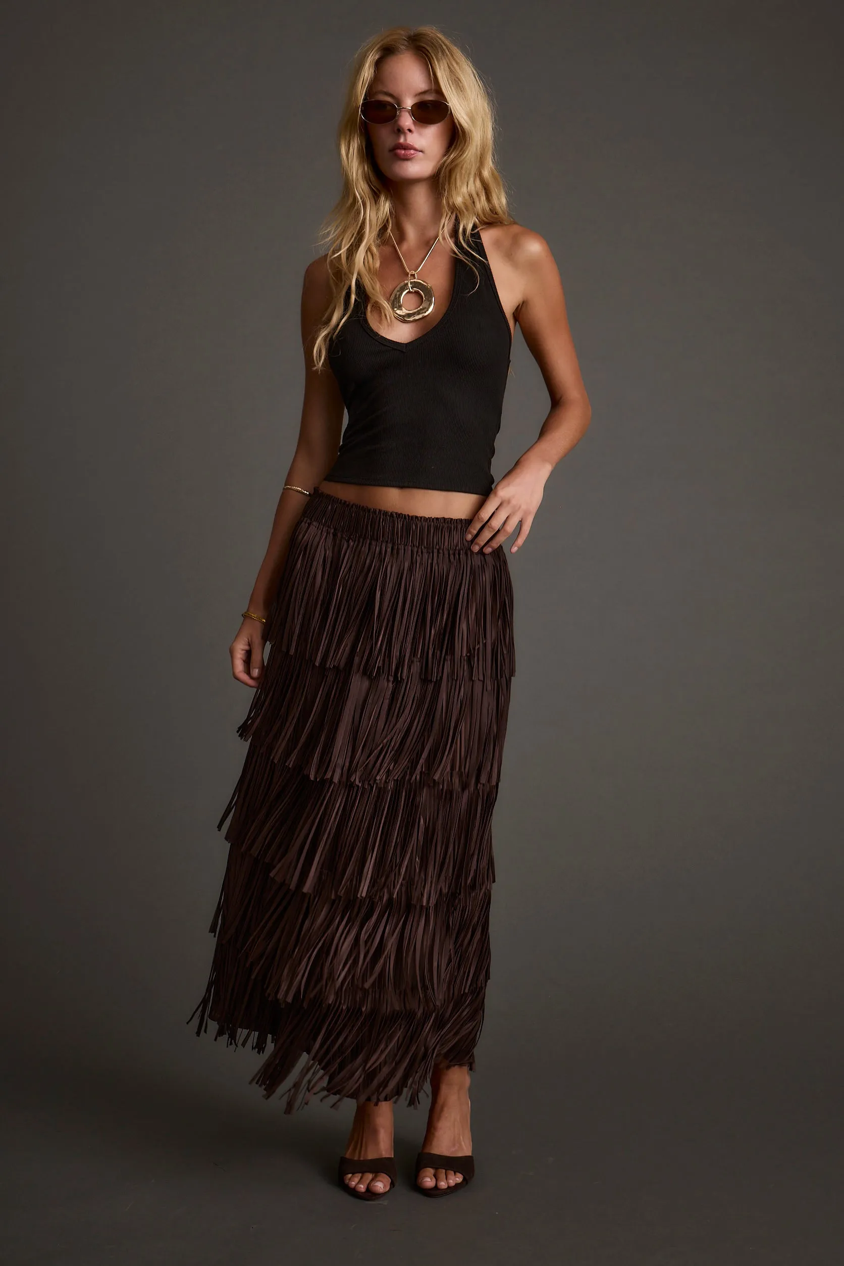 Eliza Espresso Fringe Maxi Skirt sold by 12th Tribe product image thumbnail 4