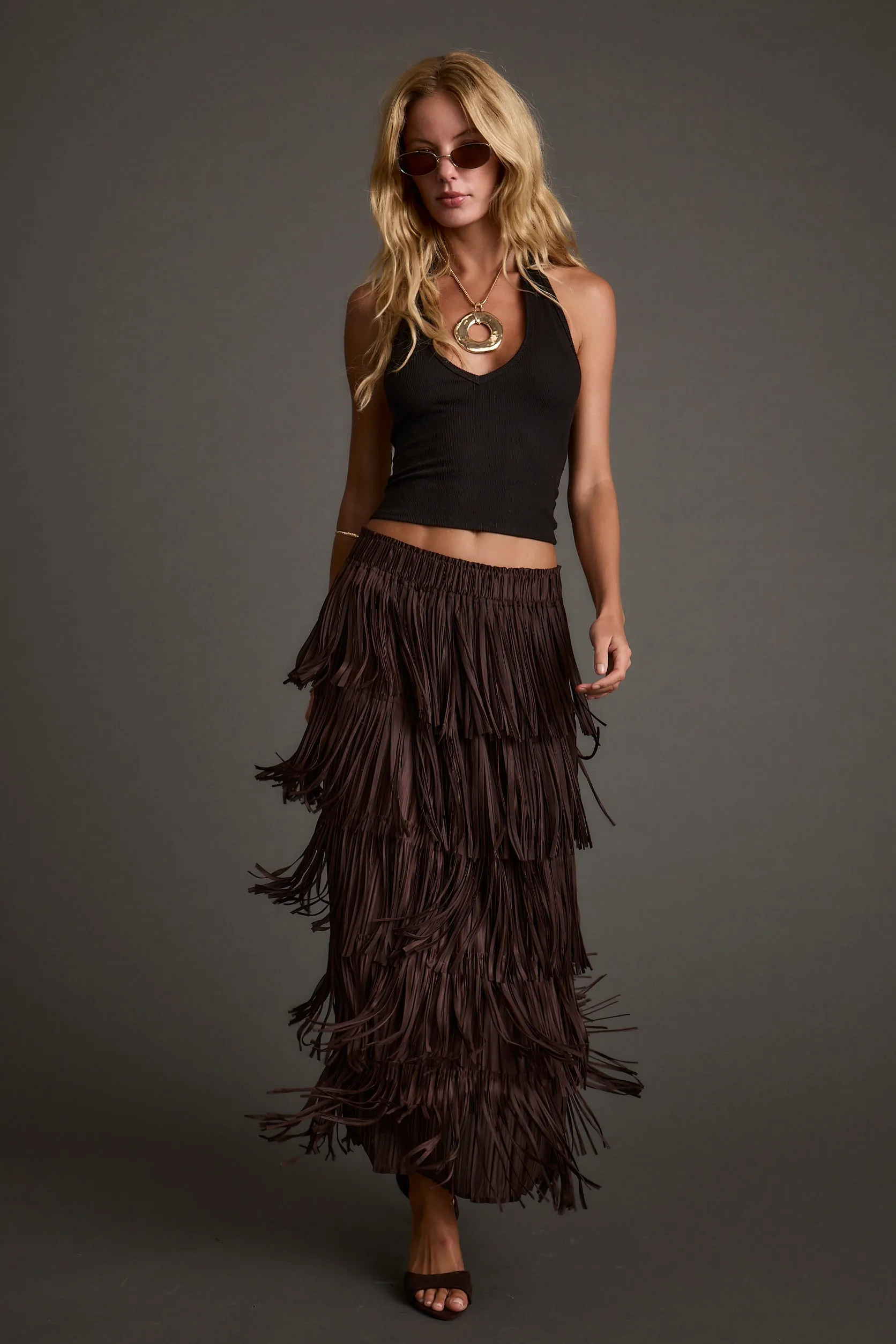 Eliza Espresso Fringe Maxi Skirt sold by 12th Tribe