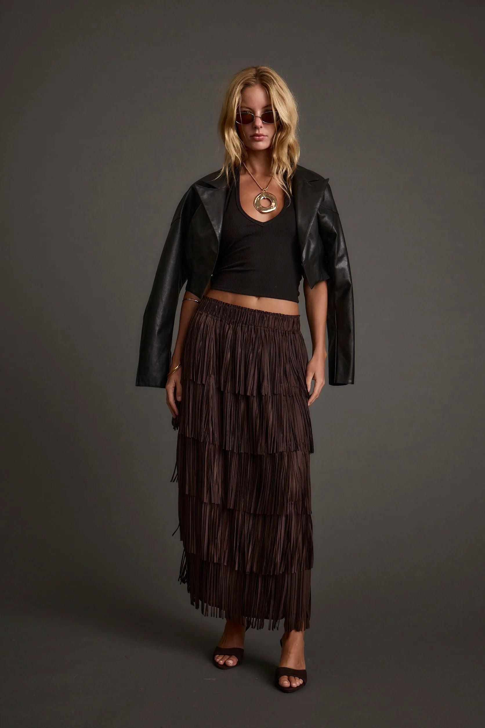 Eliza Espresso Fringe Maxi Skirt sold by 12th Tribe product image thumbnail 2