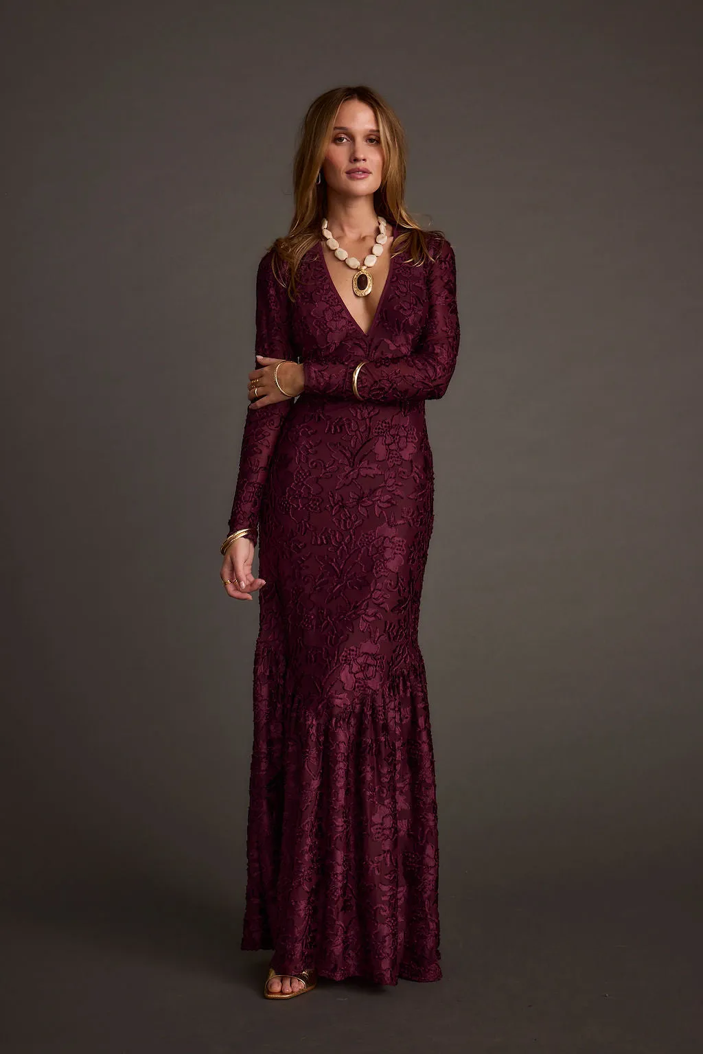 Angela Mulberry Velvet Burnout Long Sleeve Maxi Dress sold by 12th Tribe product image thumbnail 3