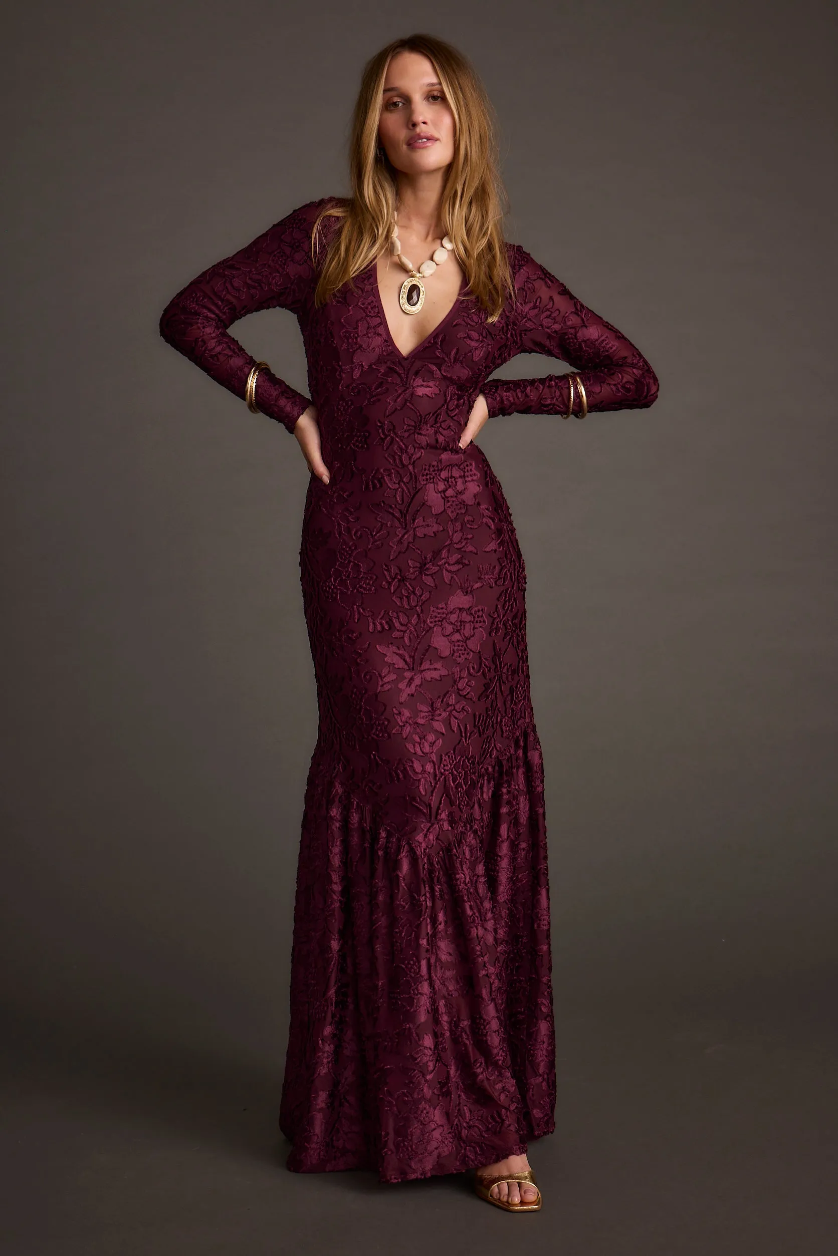 Angela Mulberry Velvet Burnout Long Sleeve Maxi Dress sold by 12th Tribe product image thumbnail 5