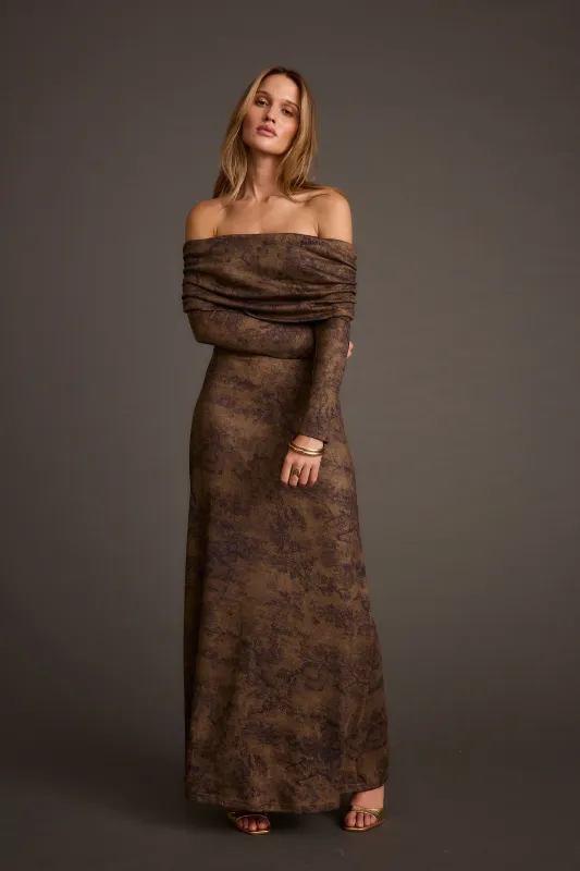 Hollis Mocha Blur Off the Shoulder Maxi Dress made by 12th Tribe