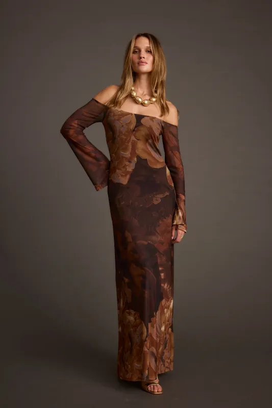 Merritt Mocha Floral Mesh Maxi Dress sold by 12th Tribe