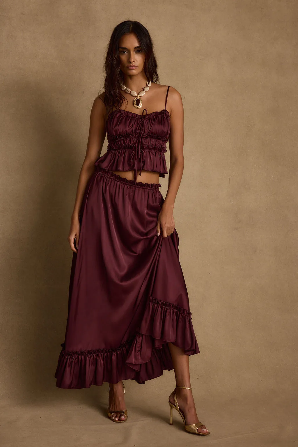 Dahlia Mulberry Satin Maxi Skirt sold by 12th Tribe
