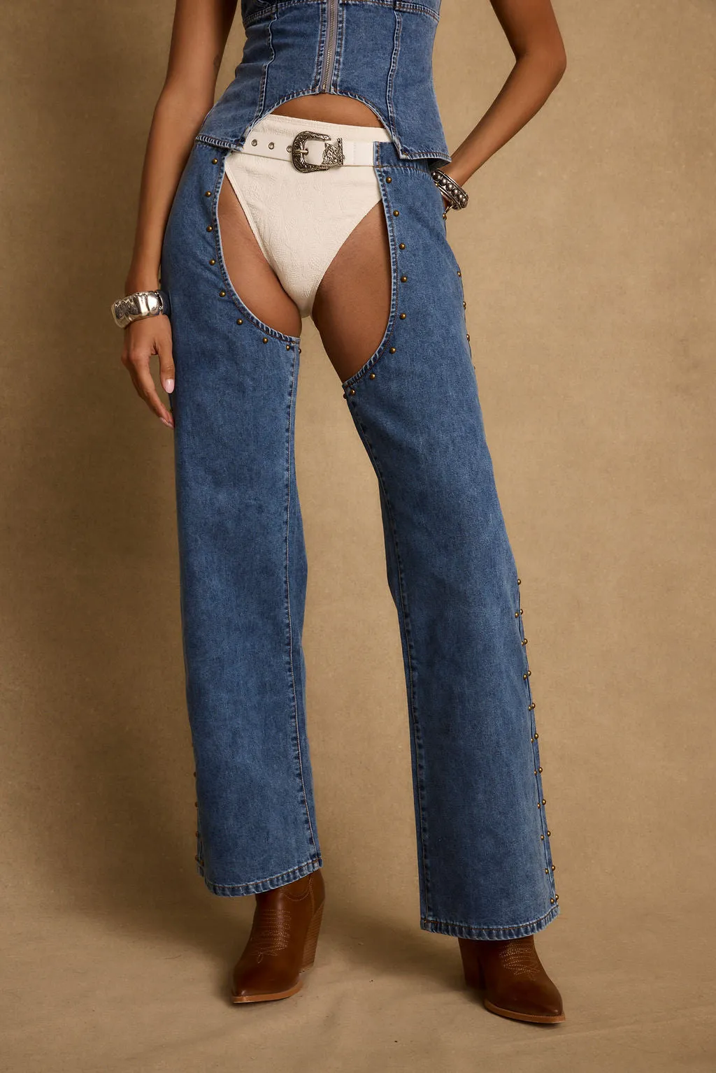 Revelry Studded Denim Chaps sold by 12th Tribe product image thumbnail 2