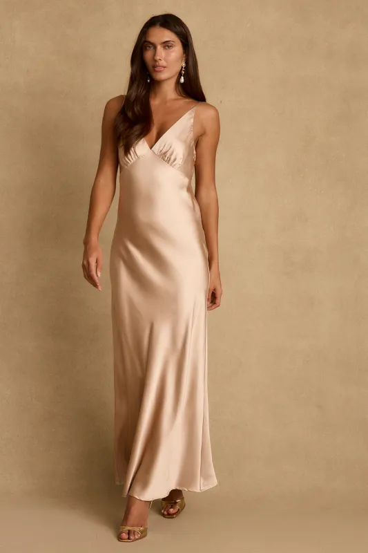 Mirabella Champagne Satin Maxi Dress made by 12th Tribe