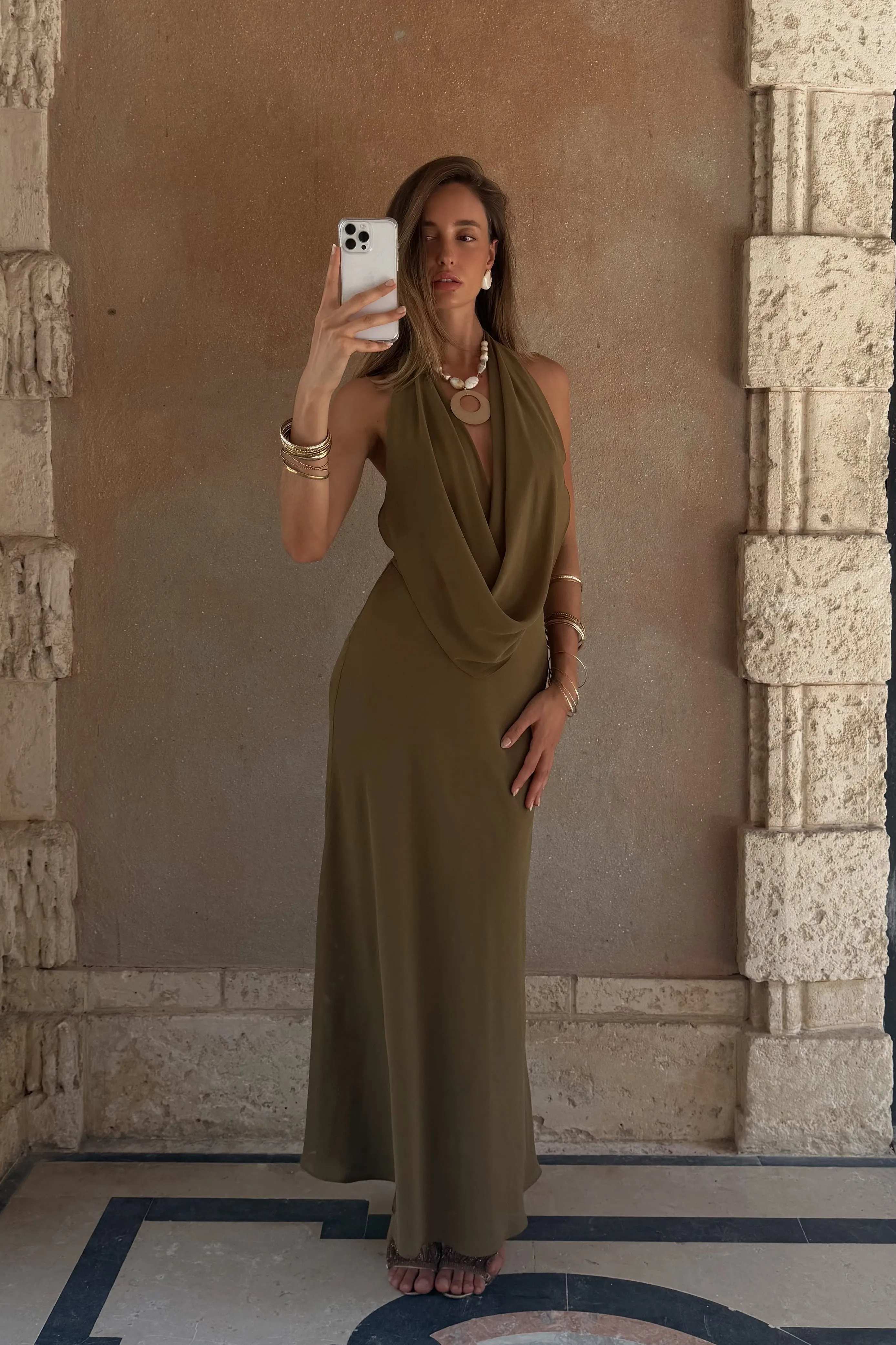 Zela Olive Cowl Maxi Dress sold by 12th Tribe