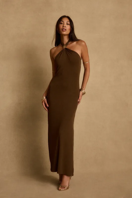 Yvette Mocha Halter Maxi Dress made by Dress Forum