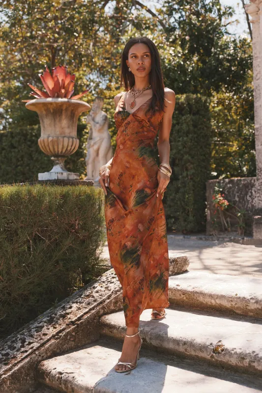 Mirabella Rust Printed Satin Maxi Dress made by 12th Tribe