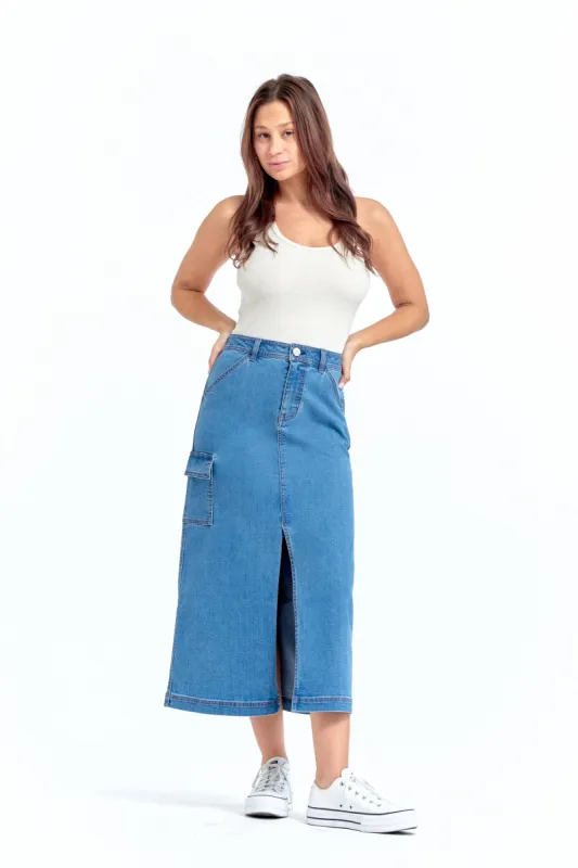 Cargo Skirt with Slant Pockets in Terra sold by 1822 Denim