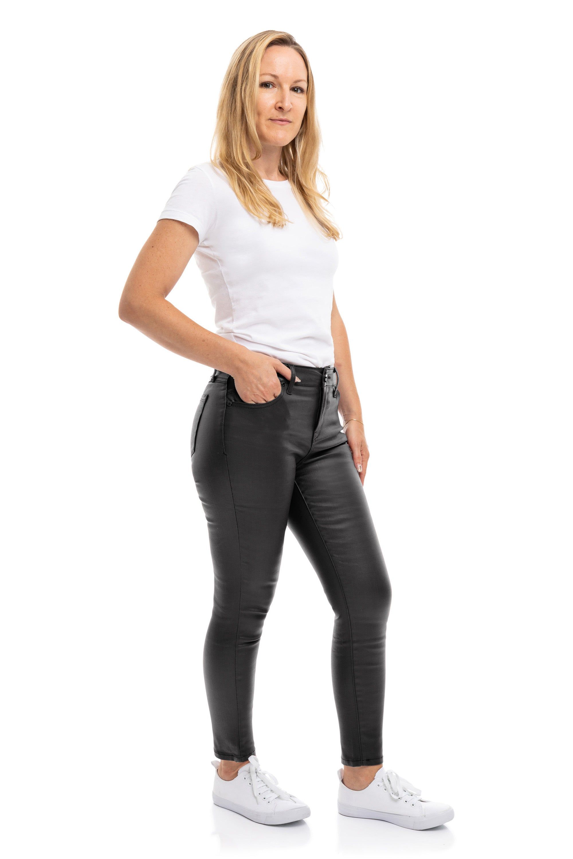 Petite 26" Mid-Rise Coated Ankle Skinny In Black sold by 1822 Denim product image thumbnail 2