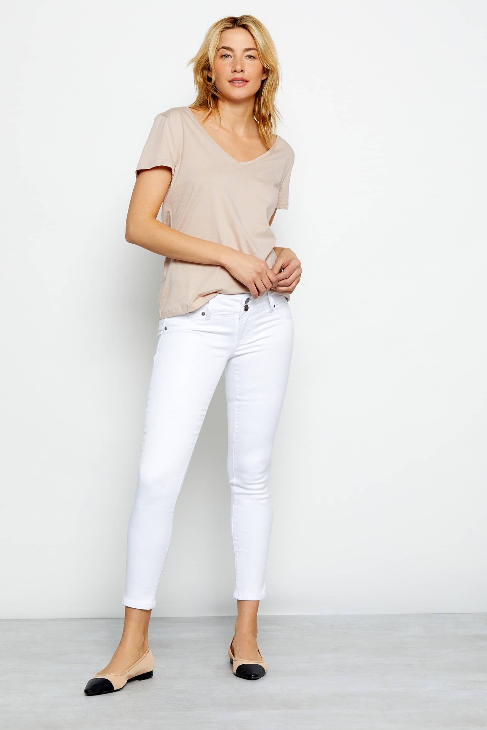 Classic Butter 28" Double Button Ankle Skinny Jean in Wynter White sold by 1822 Denim