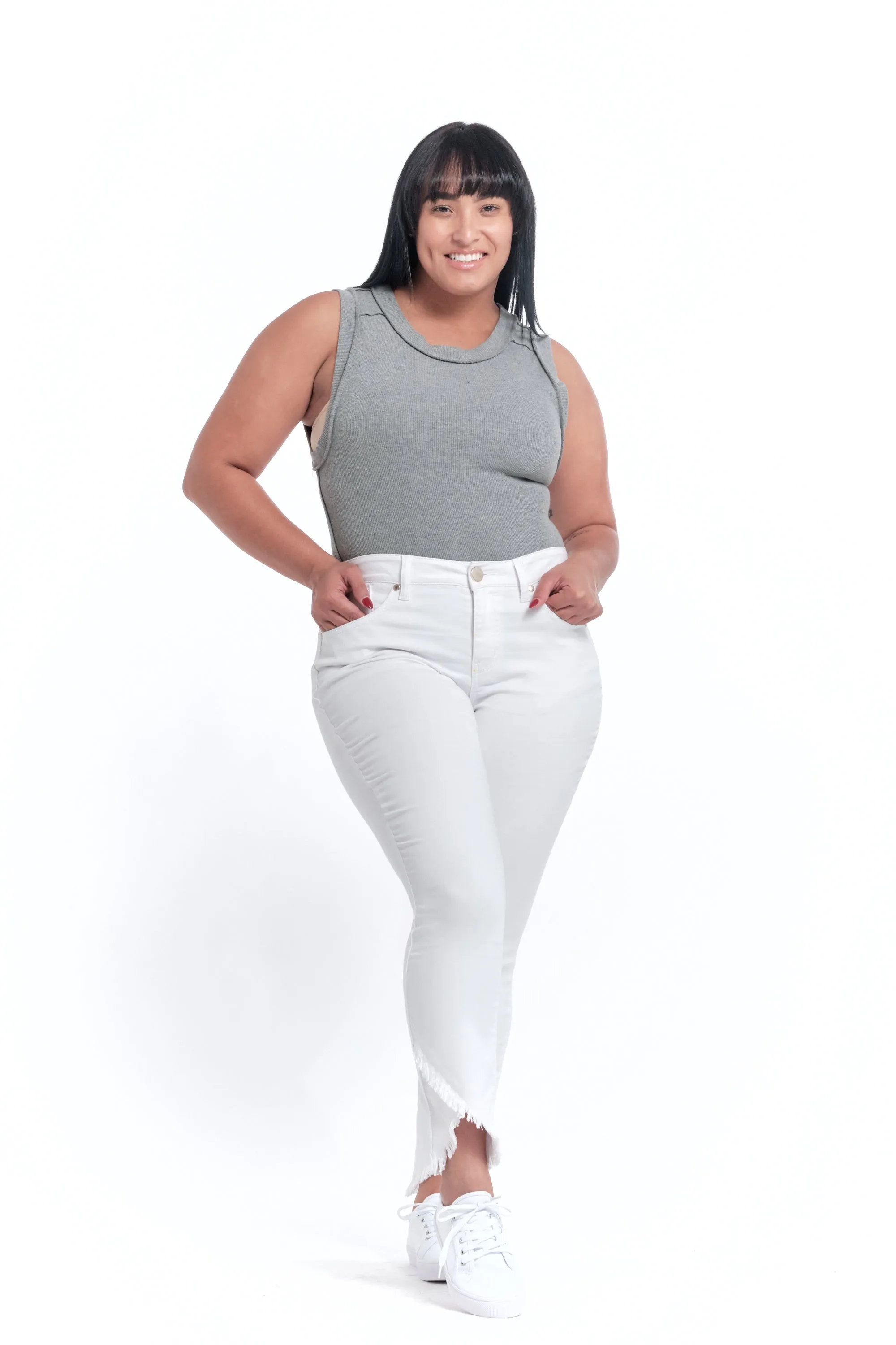 Curvy Butter Tulip Hem in White sold by 1822 Denim