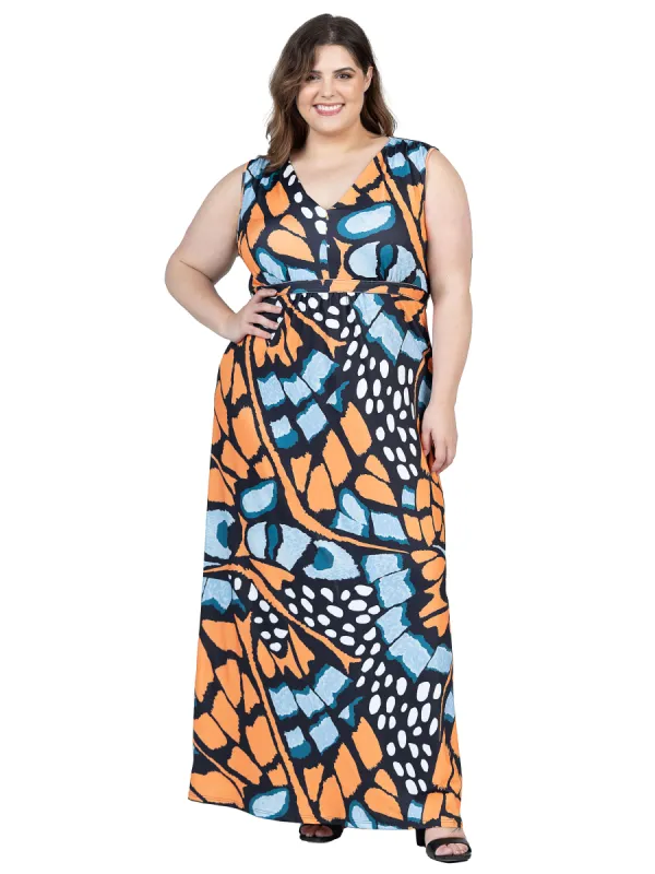 Plus Size Orange Butterfly Print V Neck Tie Back Empire Waist Sleeveless Maxi Dress sold by 24/7 Comfort Apparel