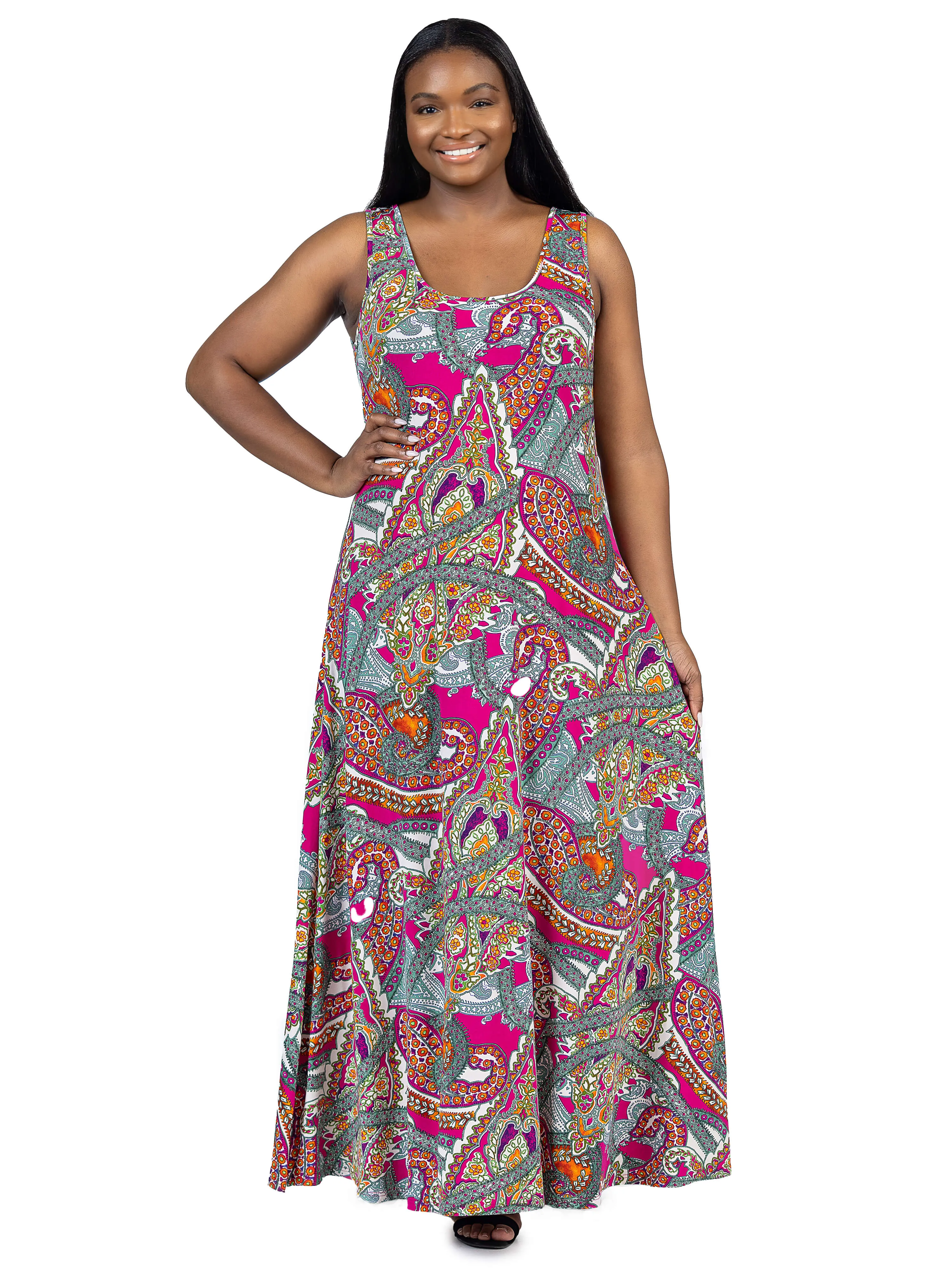 Plus Size Pink Paisley Print Scoop Neck A Line Sleeveless Maxi Dress sold by 24/7 Comfort Apparel