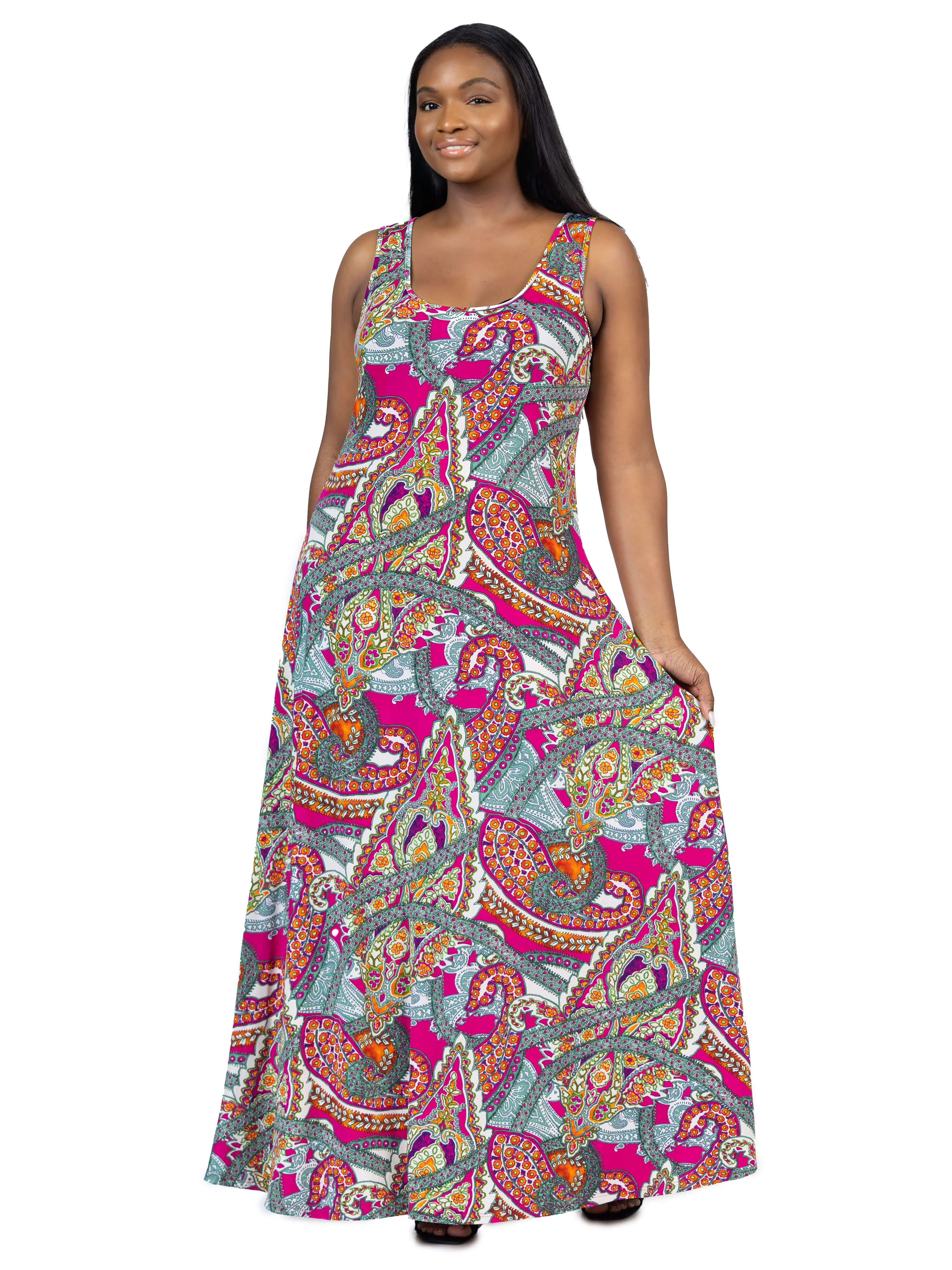 Plus Size Pink Paisley Print Scoop Neck A Line Sleeveless Maxi Dress sold by 24/7 Comfort Apparel product image thumbnail 2