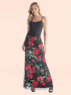 Black and Red Floral Print Sheer Overlay Elastic Waist Maxi Skirt sold by 24/7 Comfort Apparel