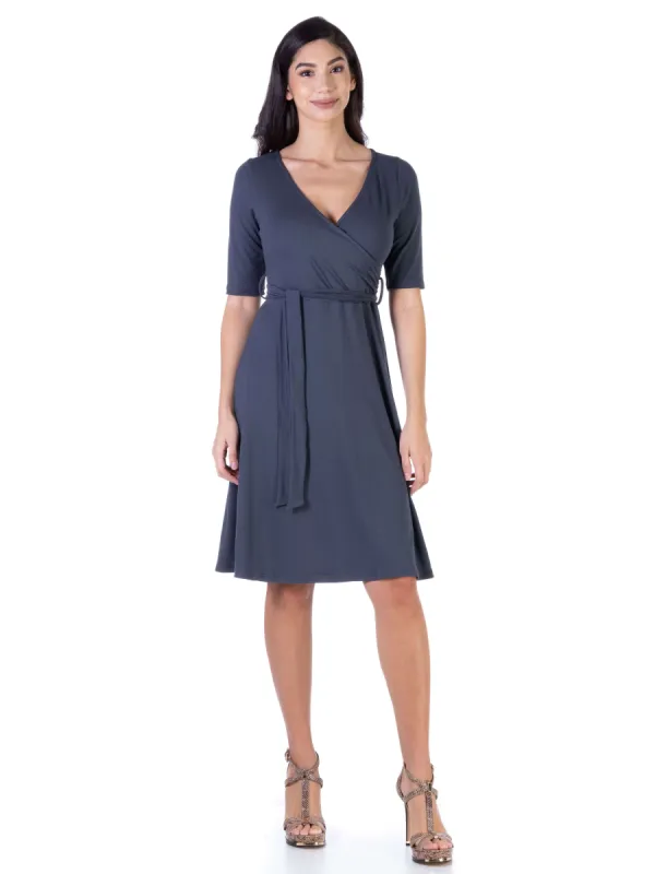 Simple Elbow Sleeve Knee Length Faux Wrap Dress sold by 24/7 Comfort Apparel