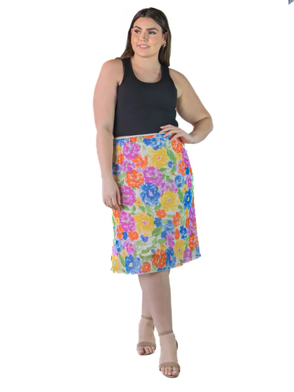 Plus Size Colorful Spring Floral Sheer Overlay Elastic Waist Knee Length Skirt sold by 24/7 Comfort Apparel
