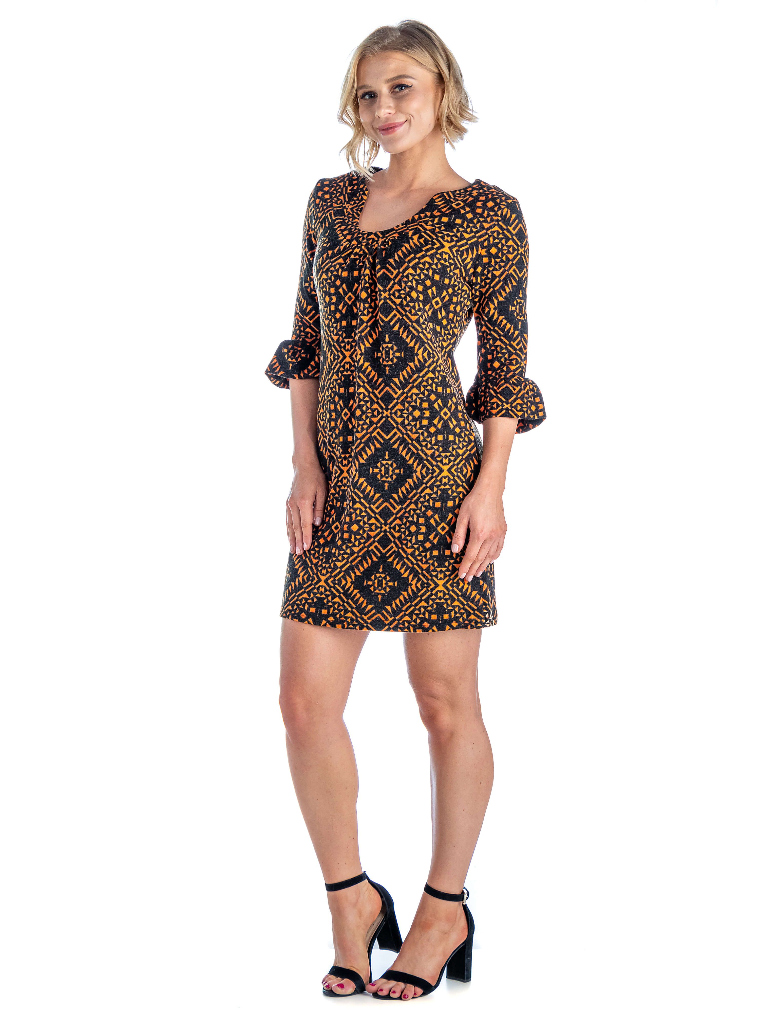 24seven Comfort Apparel Orange Print Elbow Trumpet Sleeve Shift Dress sold by 24/7 Comfort Apparel product image thumbnail 2