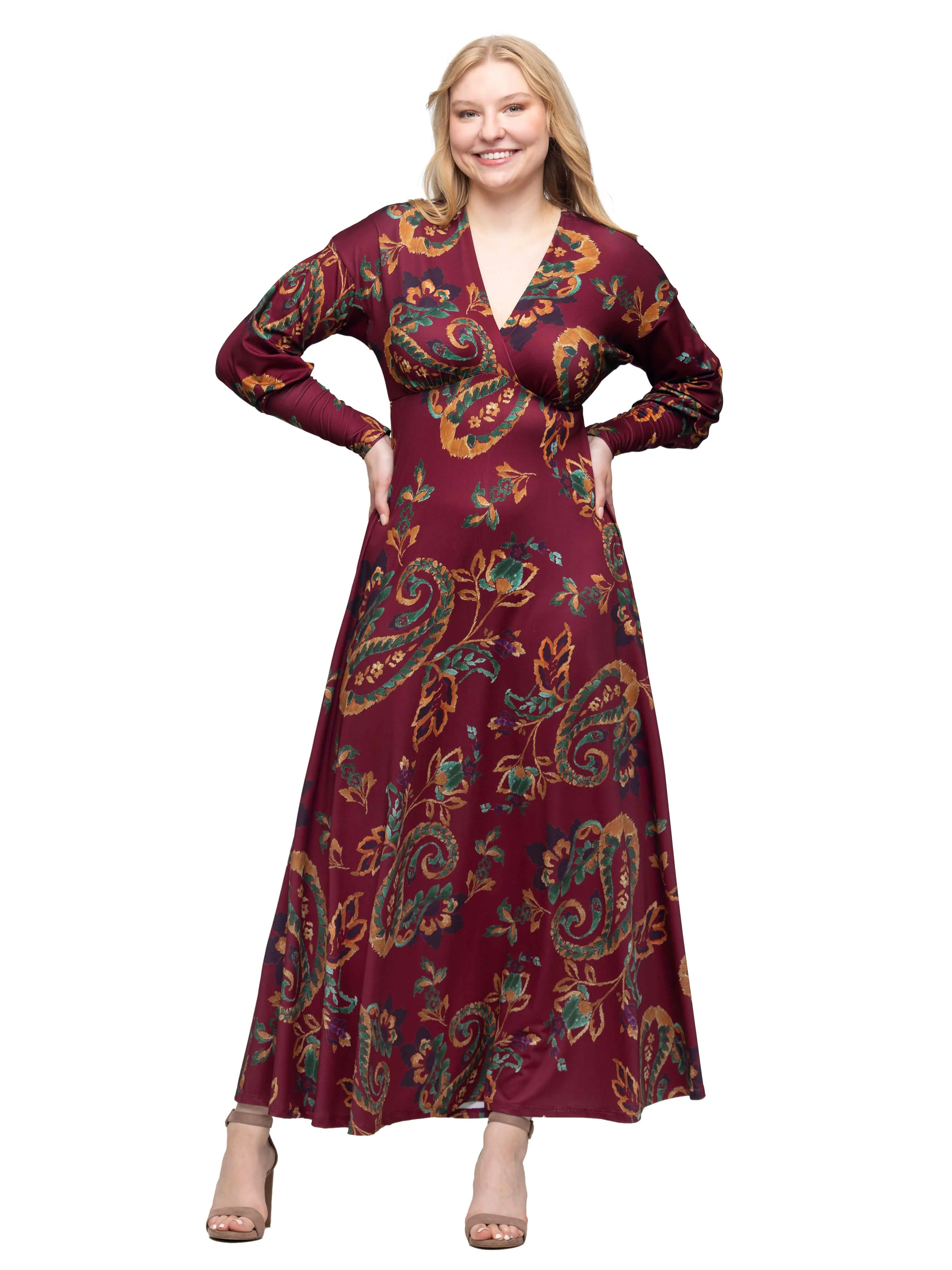 Wine Paisley Print Bishop Sleeve A Line Maxi Dress sold by 24/7 Comfort Apparel product image thumbnail 4
