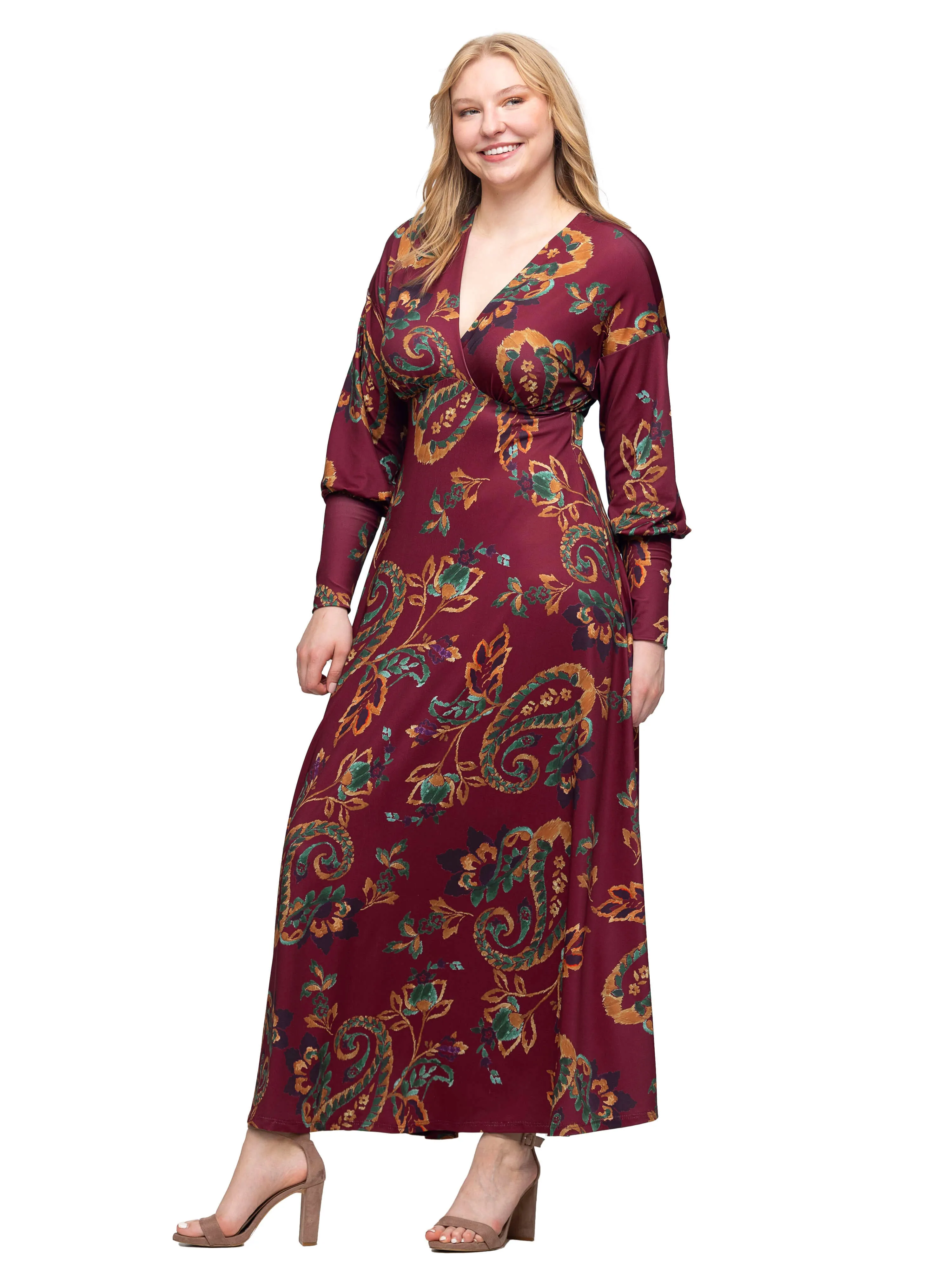 Wine Paisley Print Bishop Sleeve A Line Maxi Dress sold by 24/7 Comfort Apparel product image thumbnail 5