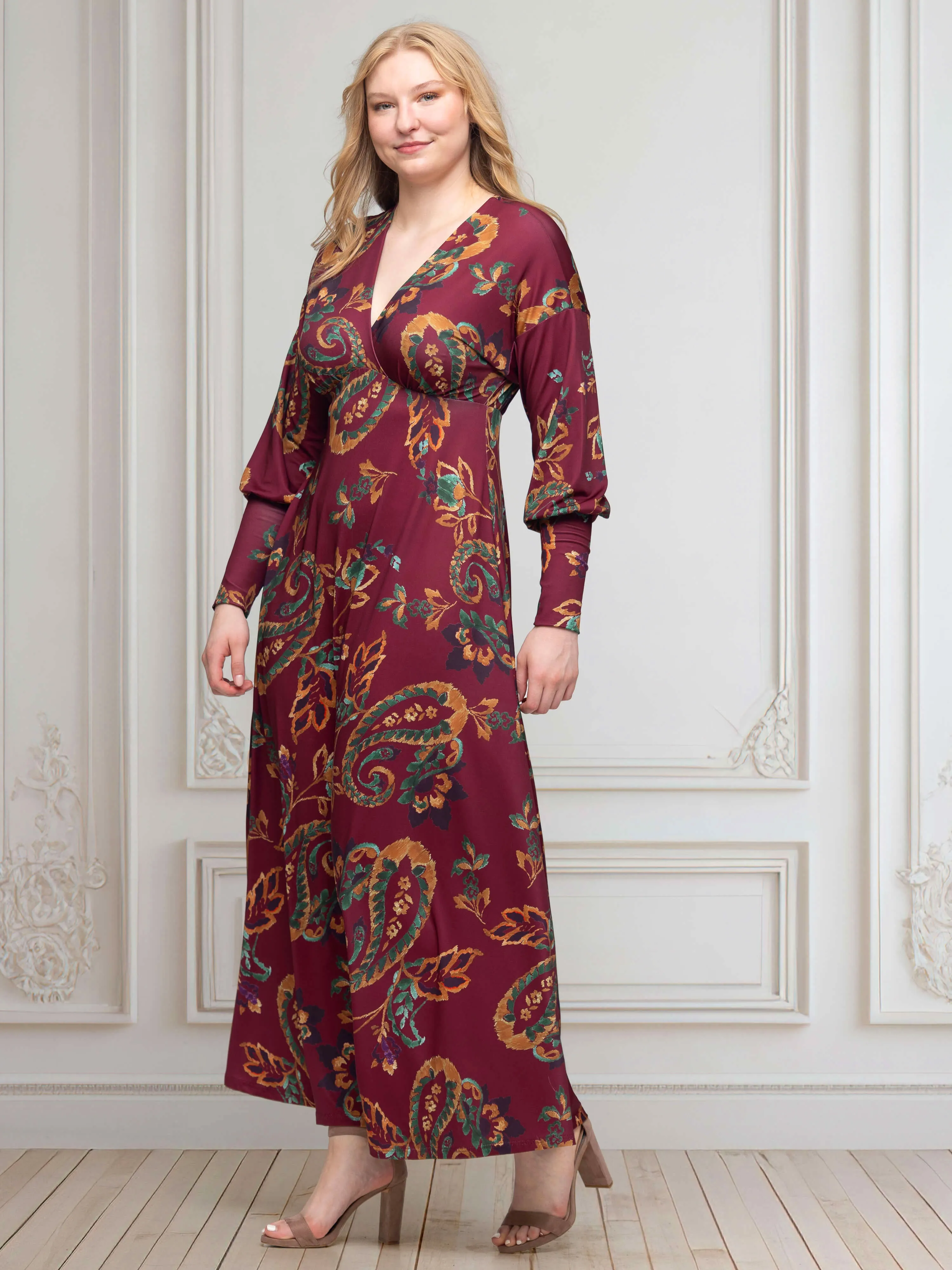 Wine Paisley Print Bishop Sleeve A Line Maxi Dress sold by 24/7 Comfort Apparel product image thumbnail 2
