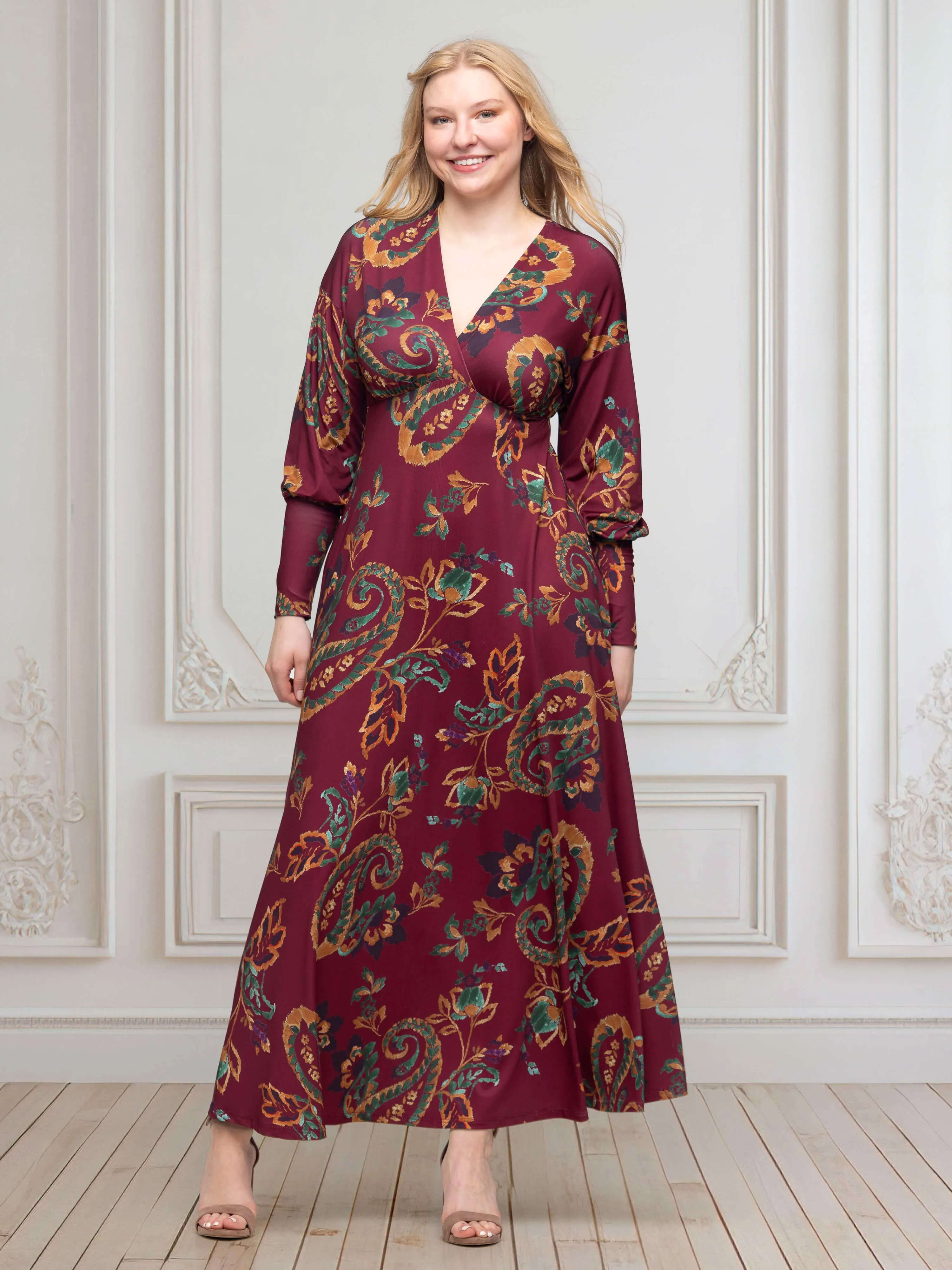Wine Paisley Print Bishop Sleeve A Line Maxi Dress sold by 24/7 Comfort Apparel