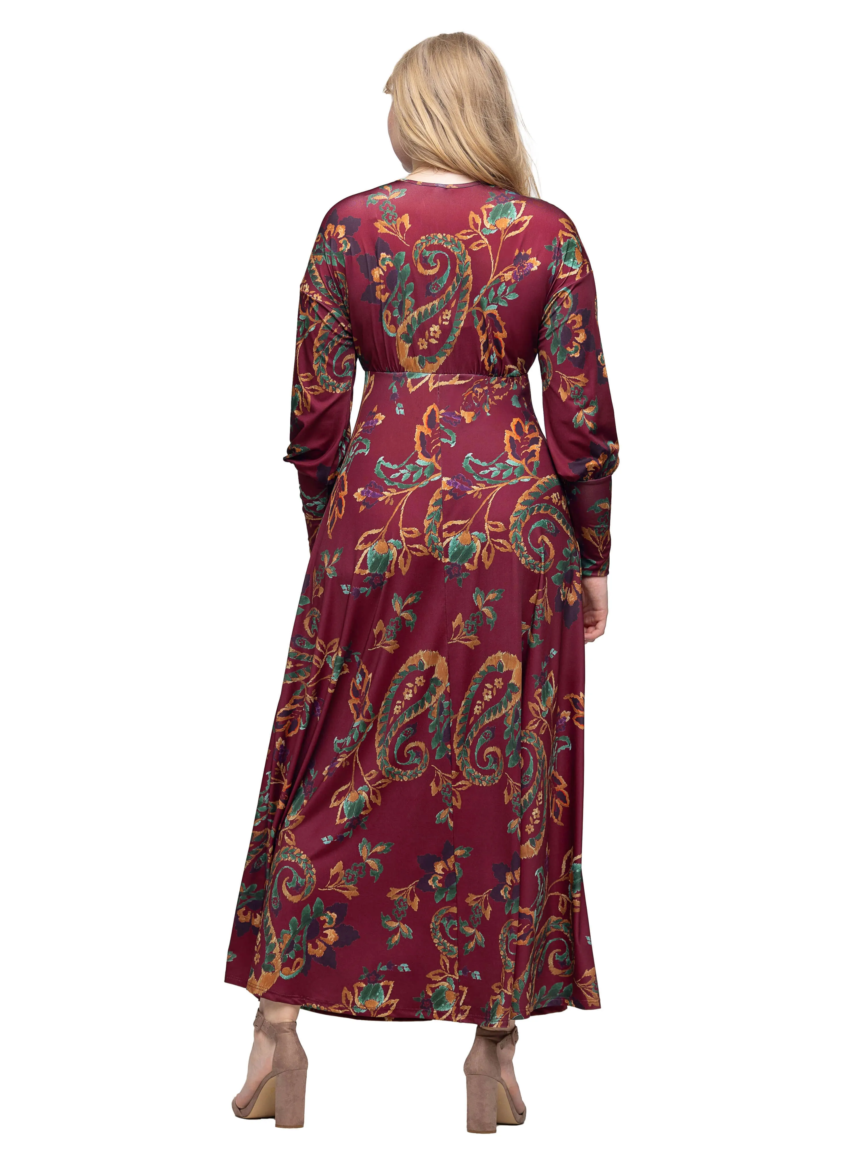 Wine Paisley Print Bishop Sleeve A Line Maxi Dress sold by 24/7 Comfort Apparel product image thumbnail 3